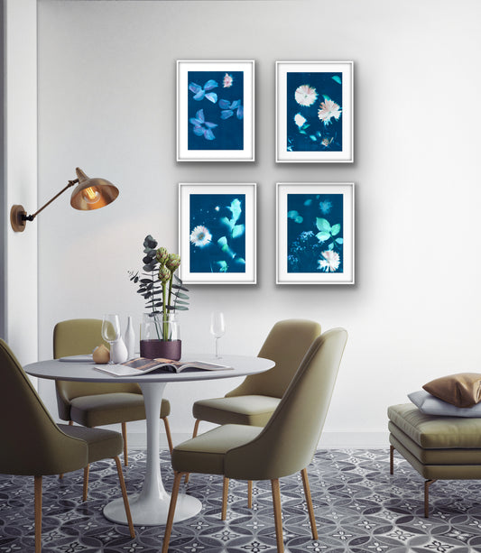 Floating Flowers Set of 4 Framed Limited Edition Prints in White
